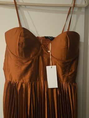 Vici Strapless Pleated Bustier Dress in Rust Brown